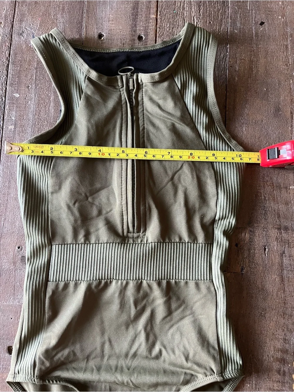 Olive Green Ribbed Zip-Front One-Piece Leotard